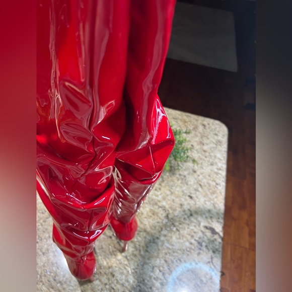 PLT Red Patent Leather Thigh High Slouch Pointed Toe Over The Knee Boots 10 - Picture 8 of 11